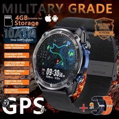 Inspired Living T Rex3 Pro Rugged GPS Smartwatch With Offline Maps & 10ATM Waterproof Design black Mesh Belt 2a