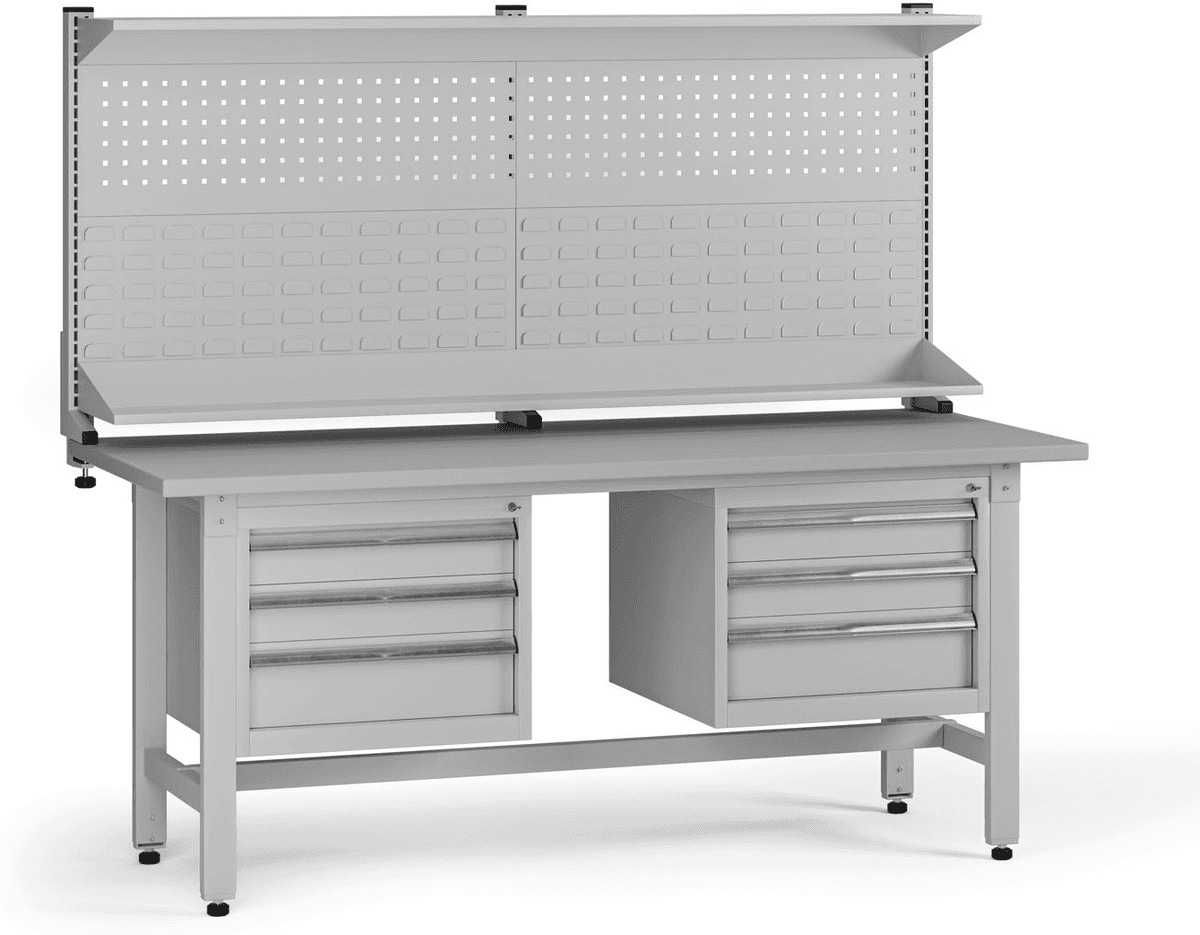 B2B Partner Stół warsztatowy z regulacją wysokości G5 z panelem, 1800 x 750 x 800-1000 mm, 2x kontener, 6x szuflada, szary
