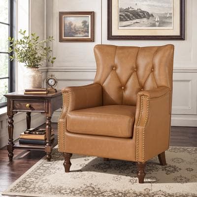 Velocisca "Traditional Leather Wingback Chair, Diamond Tufted Accent Armchair with Nailhead Trim for Living Room - 32""W x 29.5""D x 39.3""H"