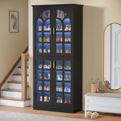 YUZHOU 8-Tier Tall Shoe Cabinet with Doors & Led Lights and Adjustable Shelves