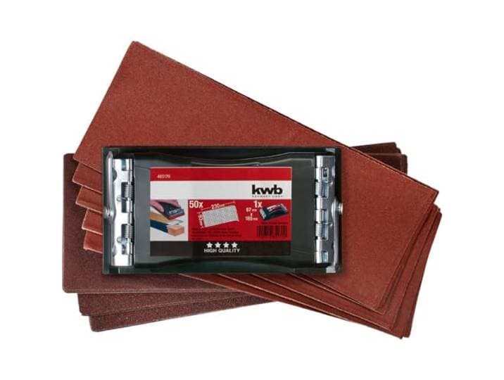 kwb Professionele handschuurmachineset, inclusief schuurblok en 50 schuurstrips, ideaal voor lak, verf, spatel, hout, metaal en meer