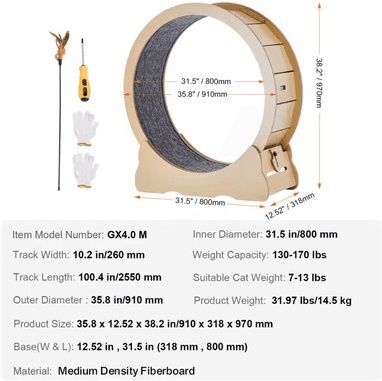 Inspire Curations WhiskerRunner Wooden Cat Exercise Wheel 35.8inch