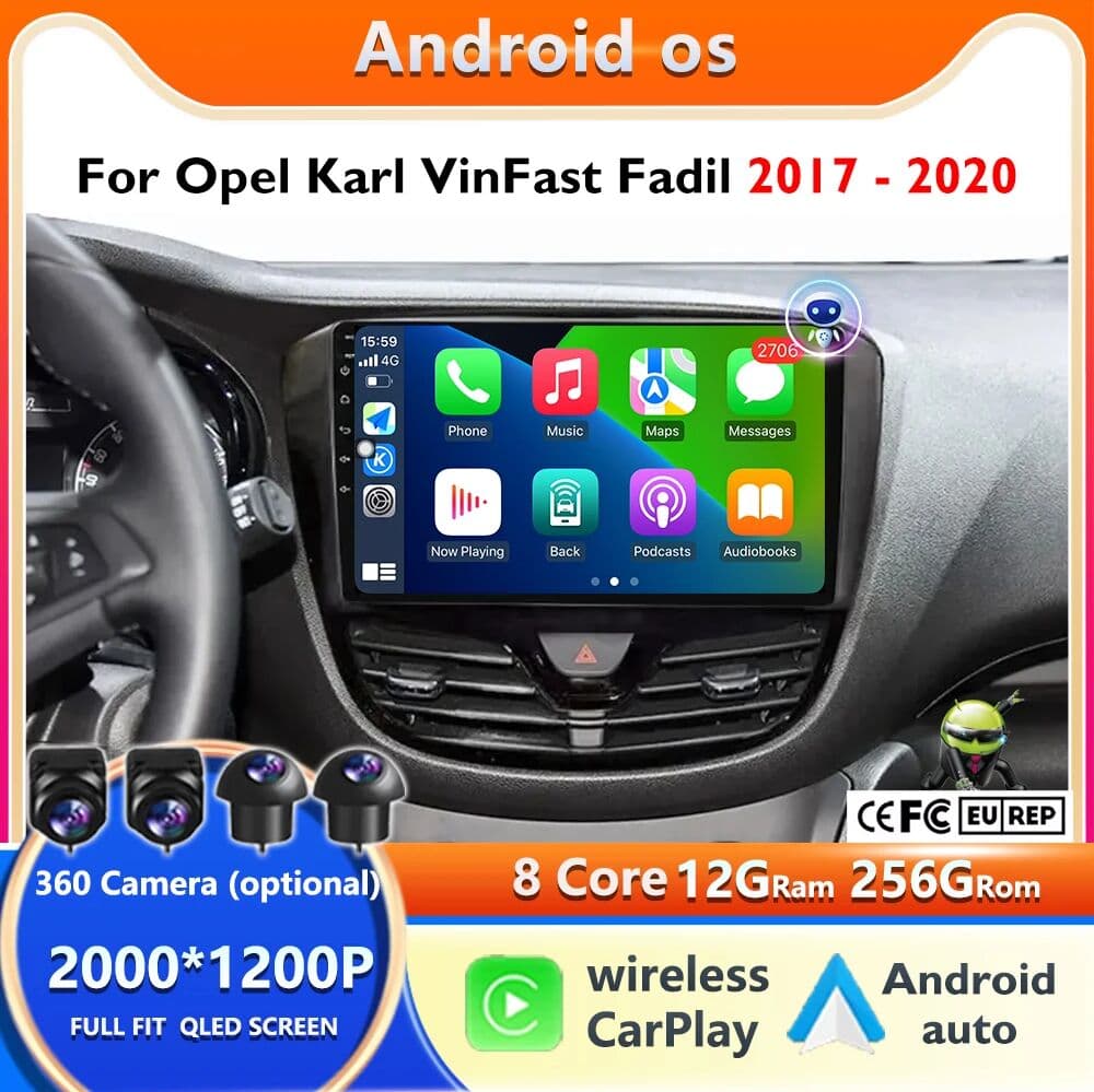 CUCU-NAVI Android 16 Carplay Auto  2K QLED Screen Car Radio Player For Opel Karl Vinfast Fadil 2017 - 2020 GPS Multimedia Wifi DSP