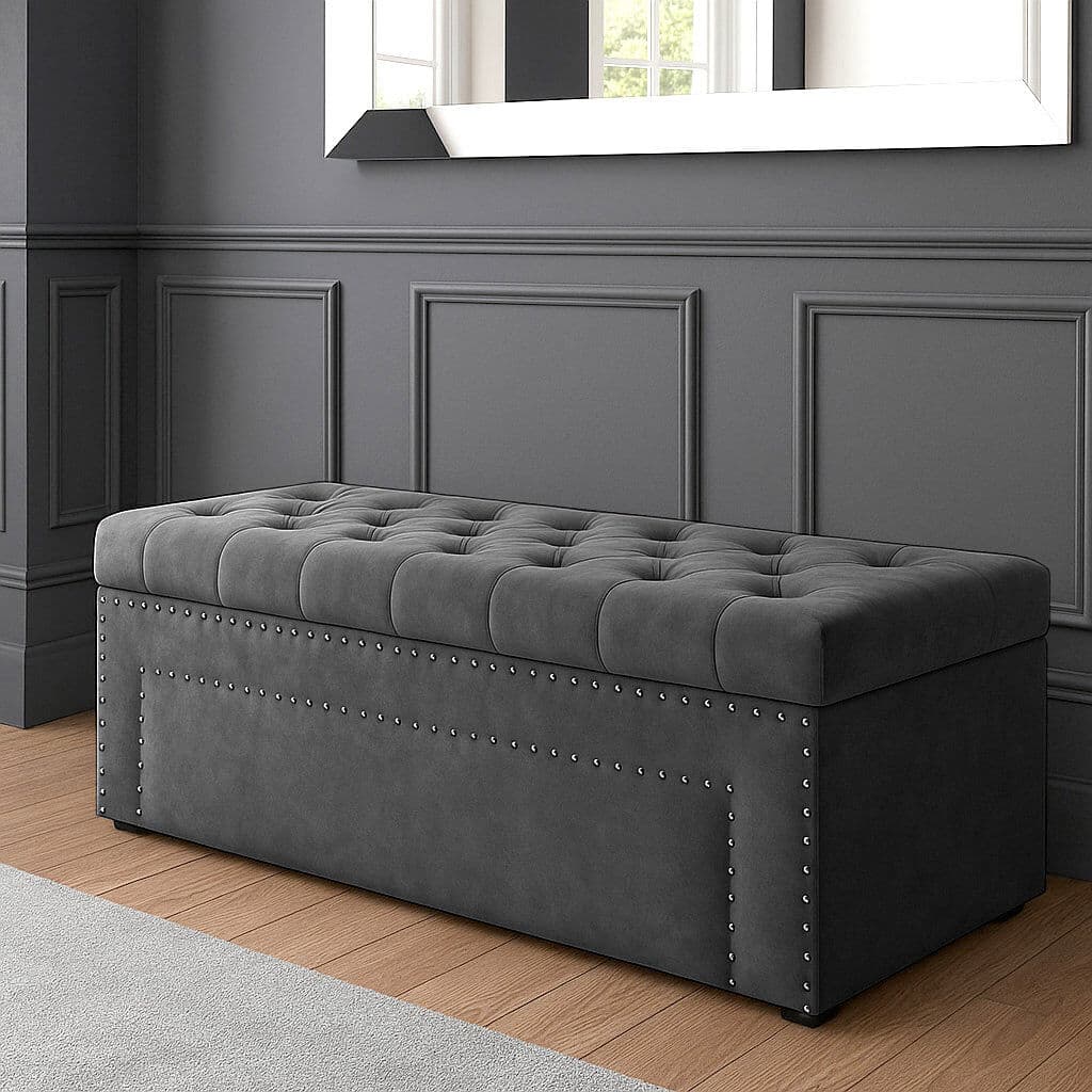 R&M Furnishers Duke Ottoman Storage Box - Chesterfield Upholstered Blanket Box - Plush Velvet Ottoman Bench with Storage Steel Grey H43 x W150 x D40cm