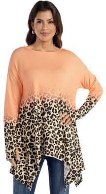Masseys Shark Bite Thumbhole Top (Size Medium) Peach Leopard Ombre, Spandex,Viscose
