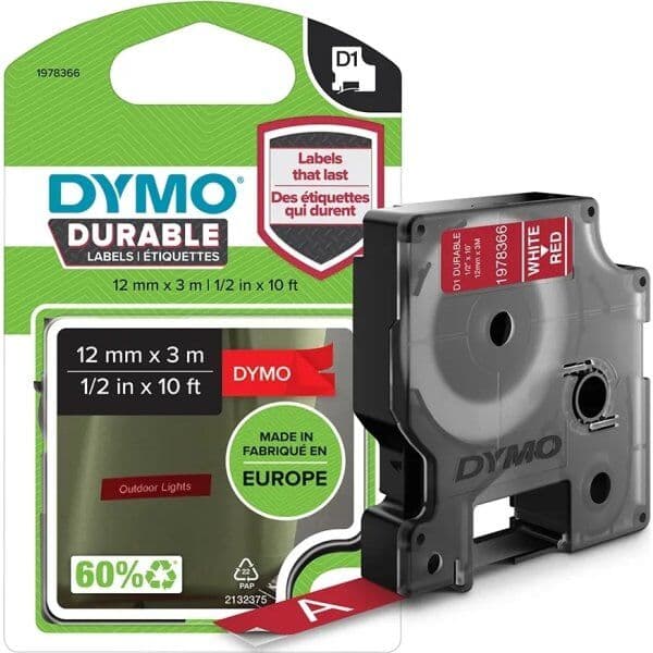 Dymo D1 Durable Labeltape 12mm, Hvid På Rød