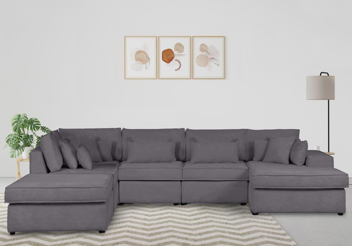 Wohnlandschaft GOODPRODUCT "Enid U-Form", grau, B:460cm H:75cm, 100% Polyester, Sofas, Wohnlandschaft, 6 Teile, bestehend aus Modulen, in vielen Bezügen, auch in Breitcord grau B/H/T: 460cm x 75cm, Cord, Ottomane rechts