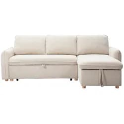 Ecksofa, umwandelbar, reversibel, mit Bettkasten, 3-Sitzer, aus beigefarbenem Cord-Samtstoff und hellem Holz ORSO