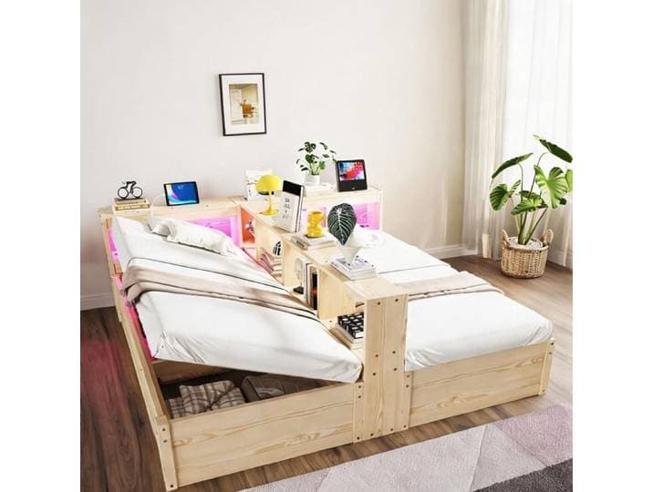 Canapé-lit double 180x200 cm en MDF light natural avec LED et rangement
