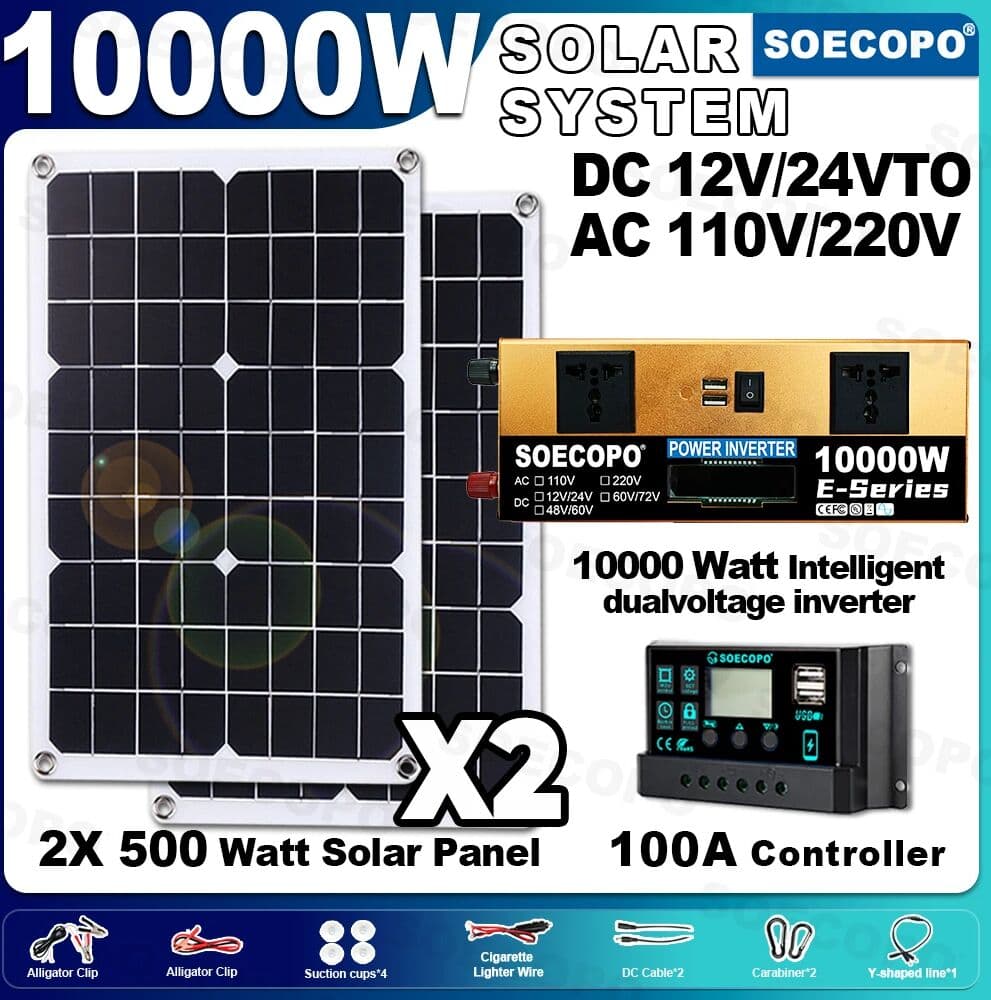 SOECOPO 10000W Complete Solar Kit 2×500W Panels, 12V/24V To 110V/220V Inverter Two Socket 100A Controller – For Home Camping