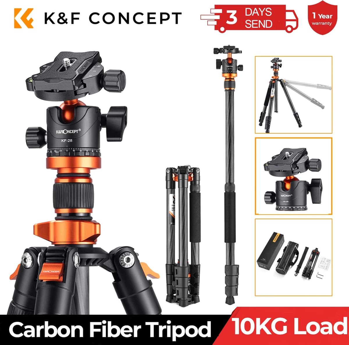 K&F CONCEPT Professional Portable Tripods Carbon Fiber Outdoor Travel Camera Tripod with 360° Ball Head for DSLR Digital Tripode