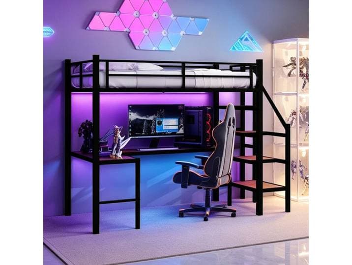 Lit Mezzanine 90x190 cm Noir avec Bureau en L Echelle et Rangement