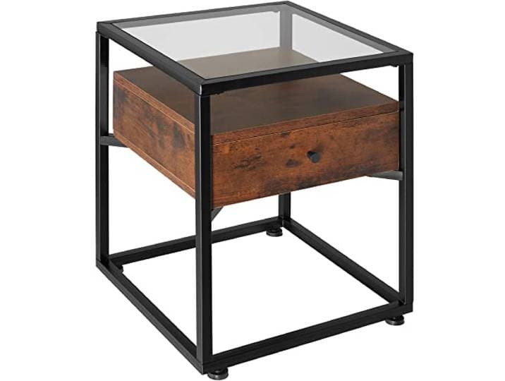 tectake® Nachttisch mit Glasplatte, 43 x 45 x 54,5 cm, Beistelltisch Couch, Deko Schlafzimmer Glastisch mit Ablage und Schublade - Industrial Dunkelbraun