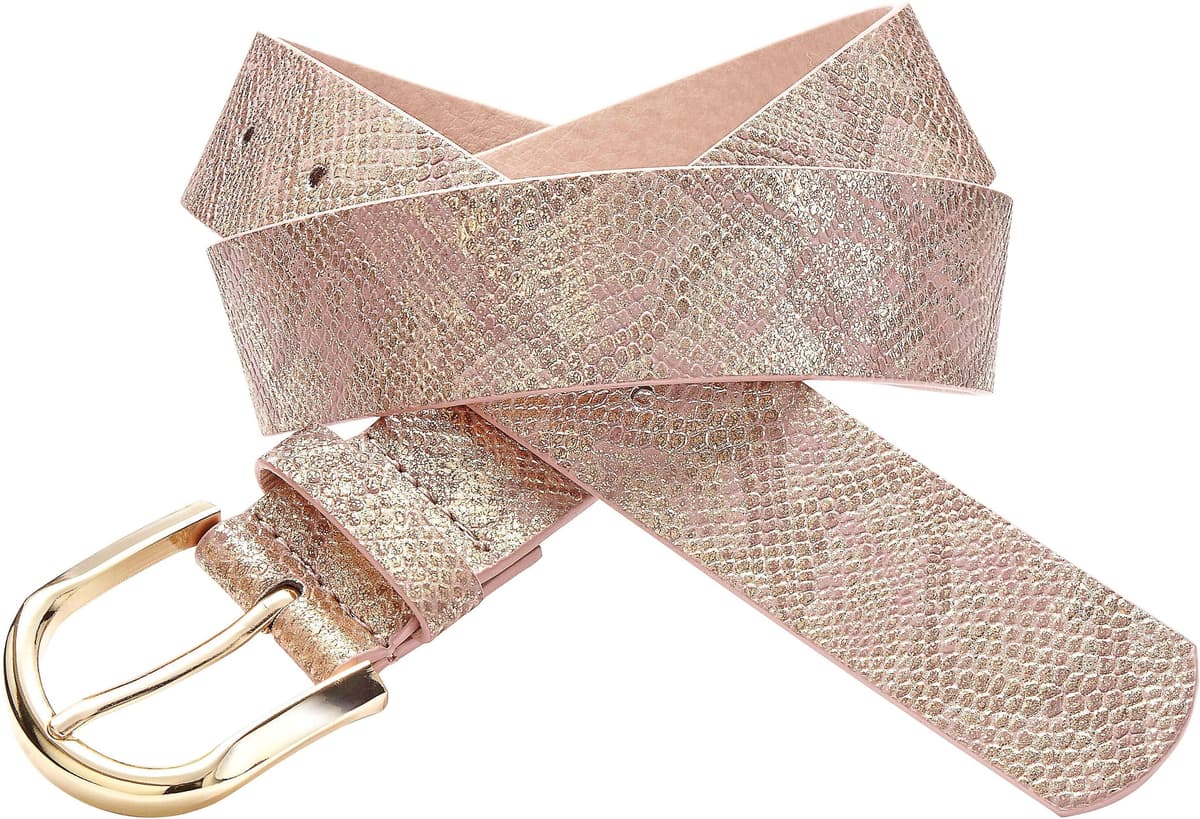 Hüftgürtel LASCANA "Hosengürtel, Gürtel, Jeansgürtel, Anzuggürtel", Damen, Gr. 90, rosa (roségoldfarben), Lederimitat, Reptilienprägung, Schlangenoptik, bedruckt, beschichtet, gemustert, geprägt, geprägtes Muster, glänzend, metallic, Gürtel Hüftgürtel, im