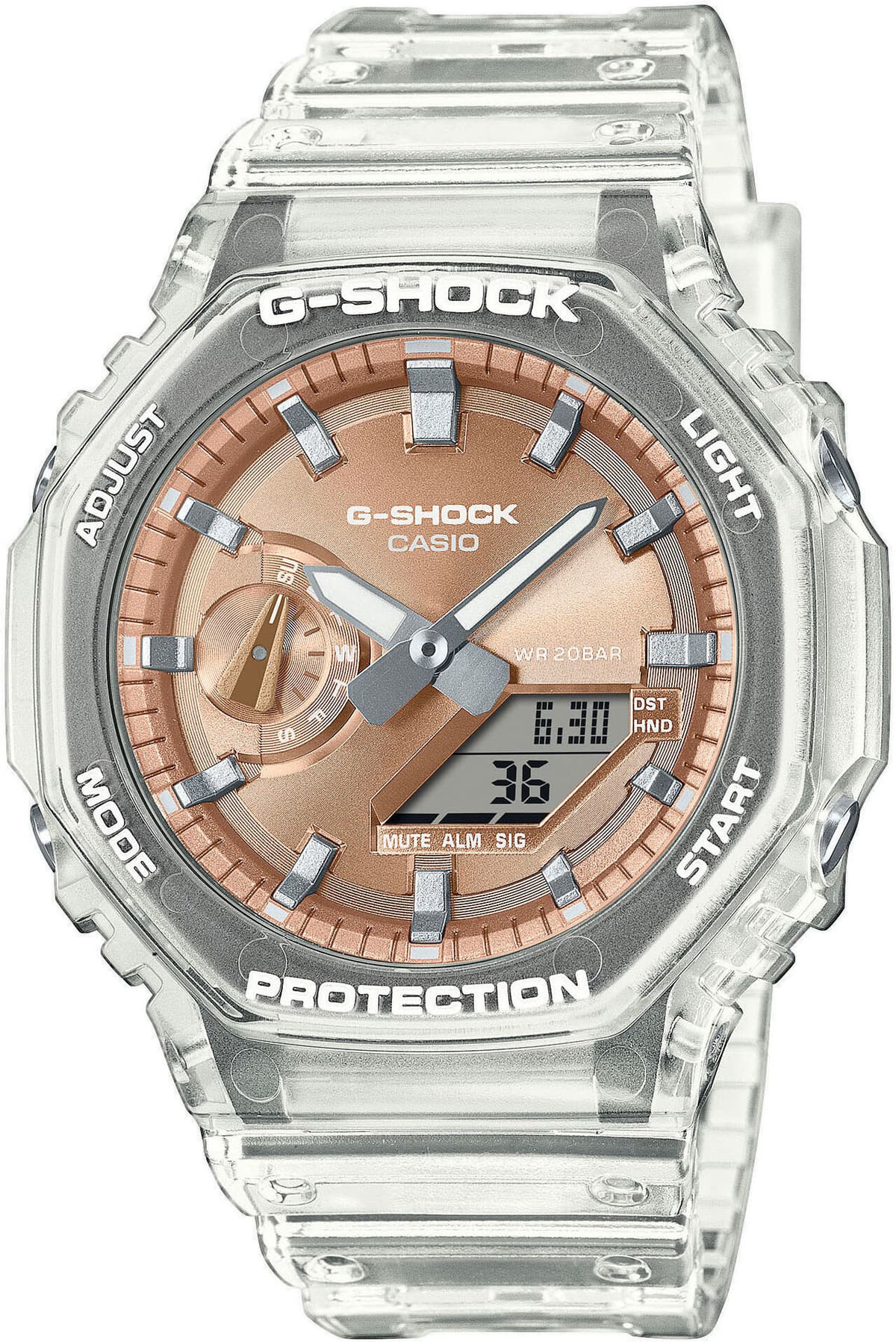 Chronograph CASIO G-SHOCK, transparent (transparent, roségoldfarben, roségoldfarben), Armbanduhren, Herren, transparent, Chronograph, Quarzuhr,Armbanduhr,Herrenuhr, digital,bis 20bar wasserd. Resinarmband