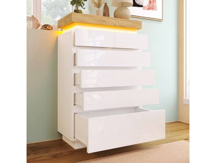Commode Chambre 115x73x39 cm buffet à 6 tiroirs éclairage LED Buffet Bas pour le salon et la chambre à coucher blanc