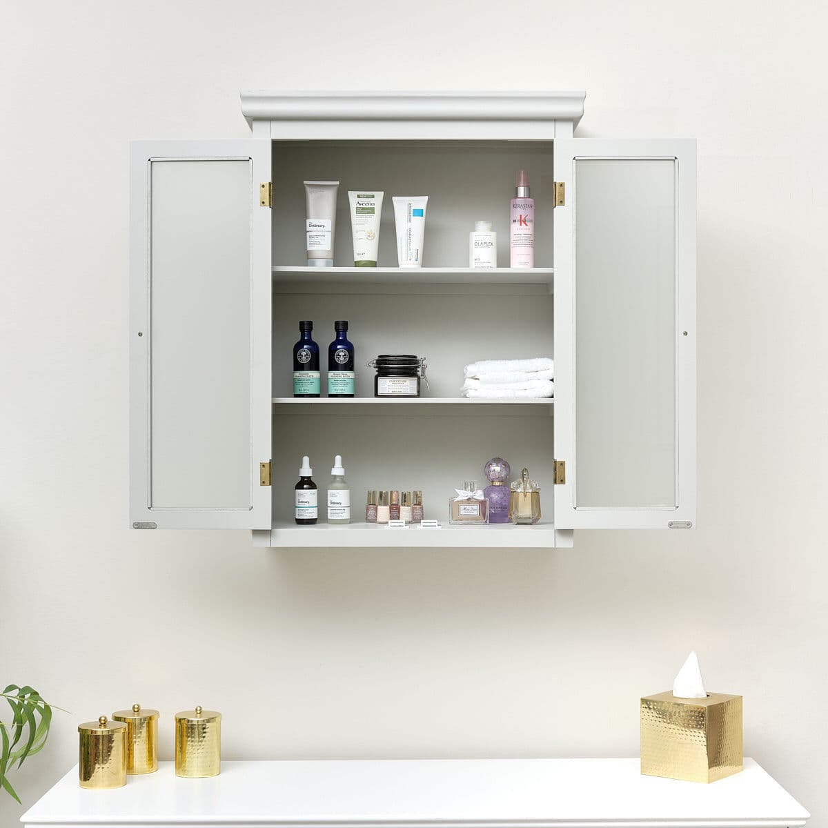 Grey Frosted Glass Fronted Wall Cabinet 75cm x 57cm Wood, Glass, Metal