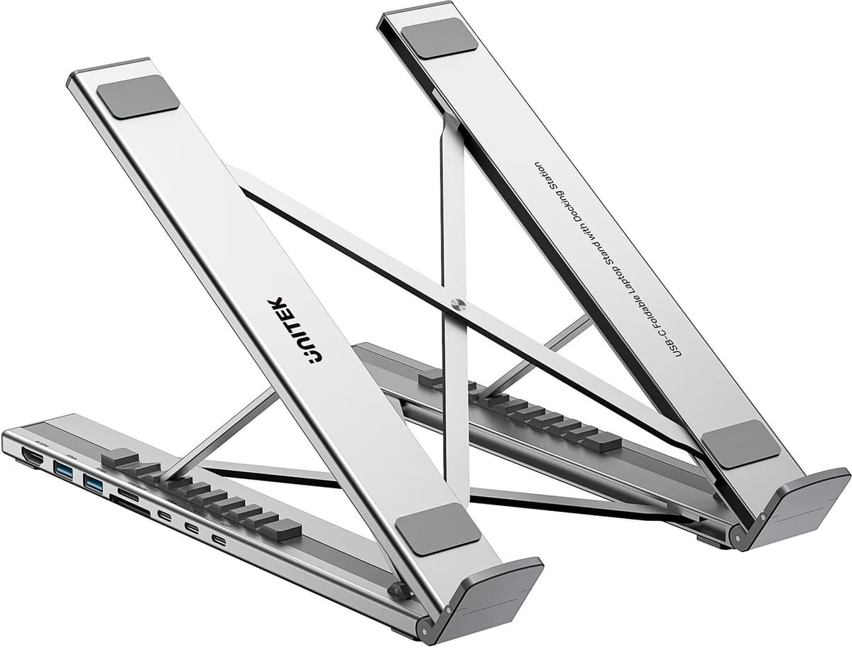 NONE Foldable Laptop Stand with USB C Hub to HDMI 4K@60Hz USB-A 5Gbps PD 100W SD TF Card Reader Docking Station for Mobile Office