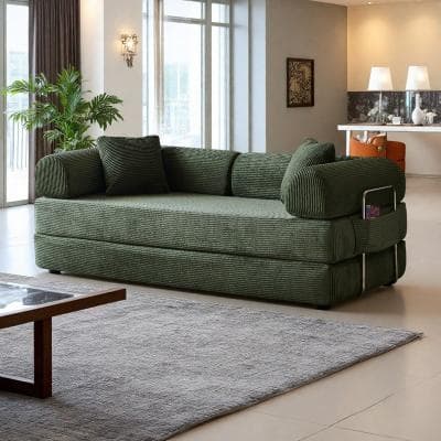 "78.7"" Corduroy Convertible Floor Sofa Bed with Pillow Back Support Armrest"