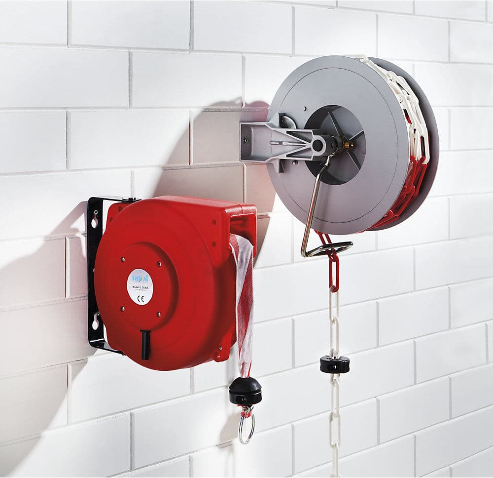 kaiserkraft Absperraufroller, automatisch, mit Gliederkette rot / weiß, Gewicht 9 kg