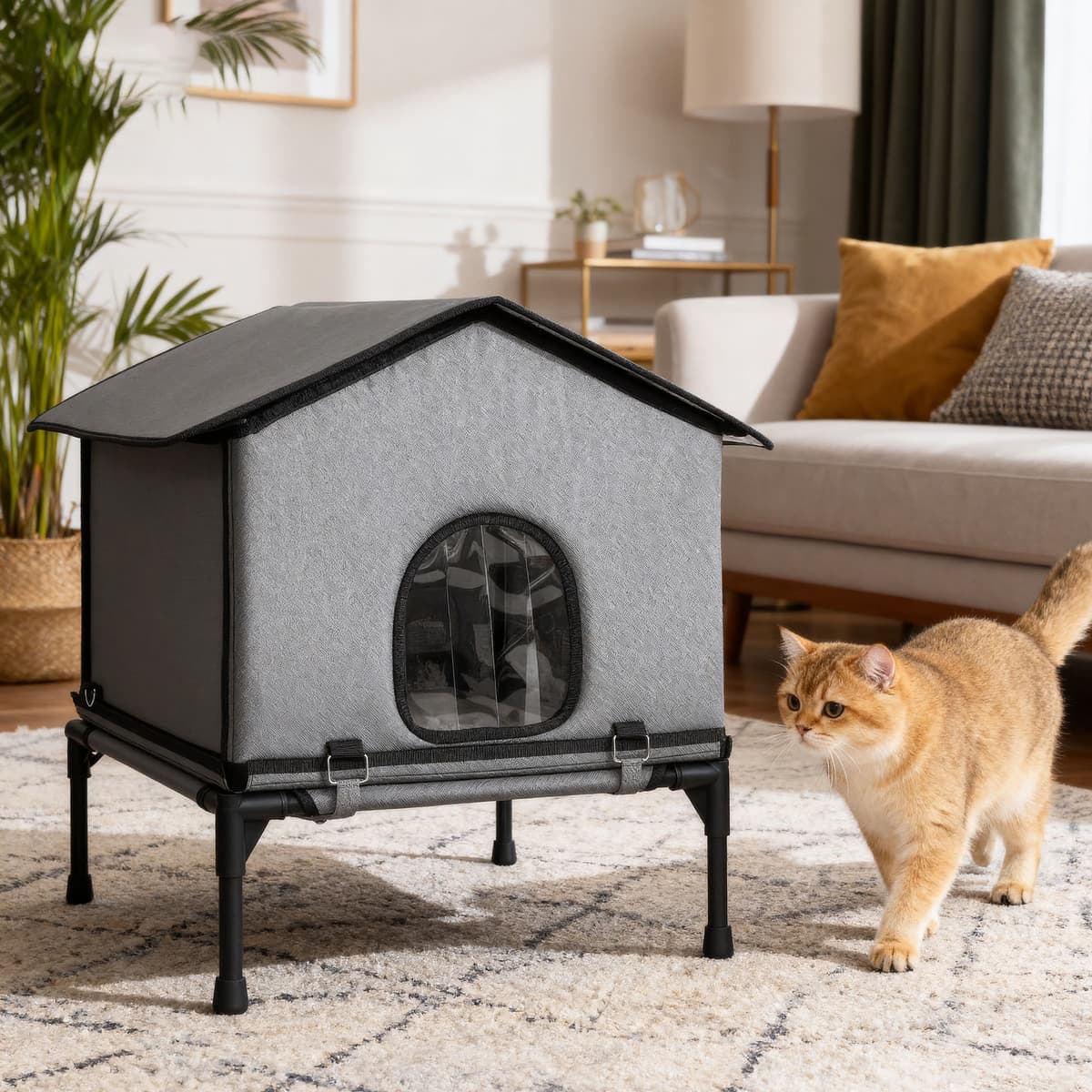 Pawhut Casetta pieghevole per gatti con cuscino e lettino rialzato, 62x58,5x60 cm, Grigio   Aosom Italy