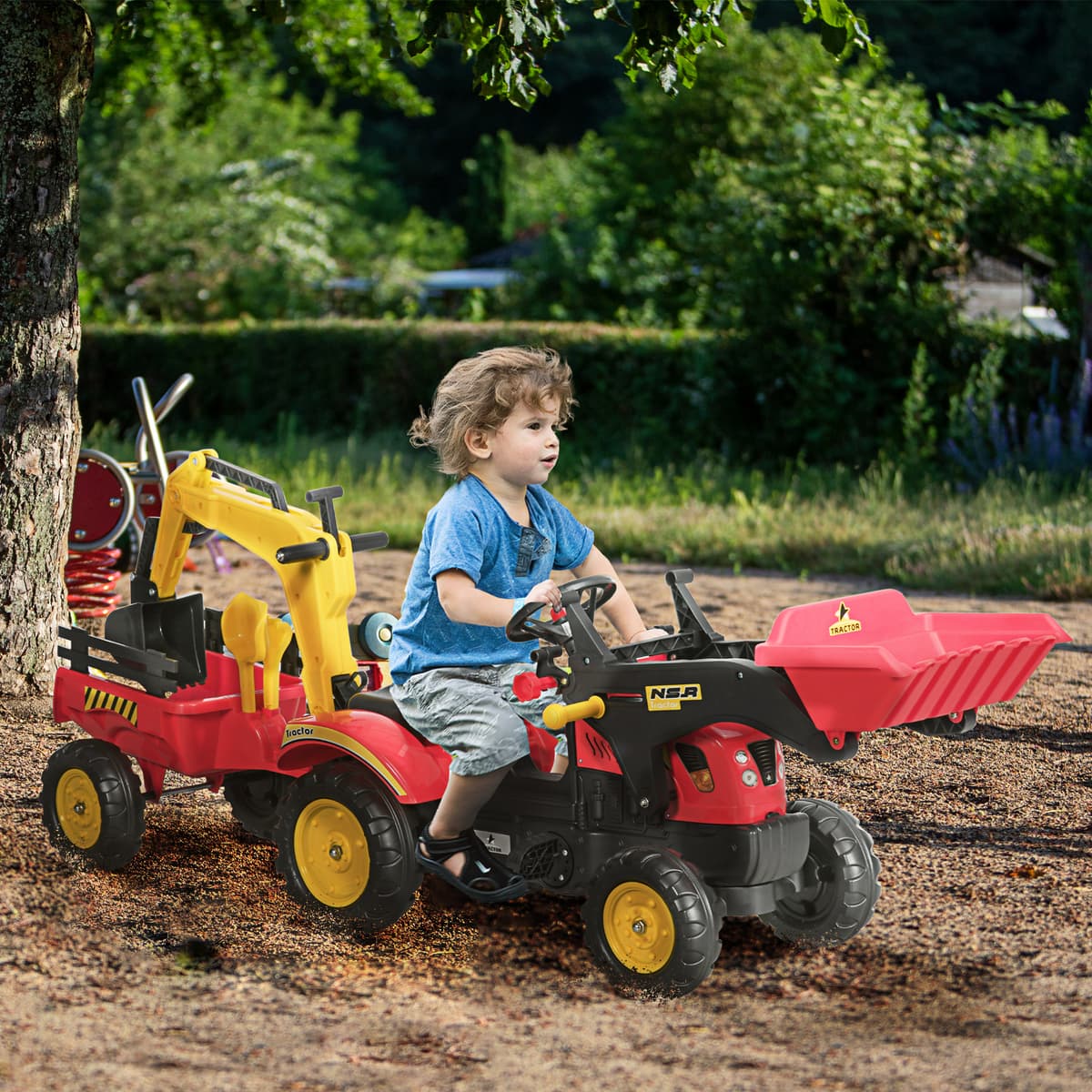 Homcom Escavatore Giocattolo Cavalcabile a Pedali per Bambini con Pale e Volante, Posteriore staccabile,179x42x59cm Multicolore Aosom