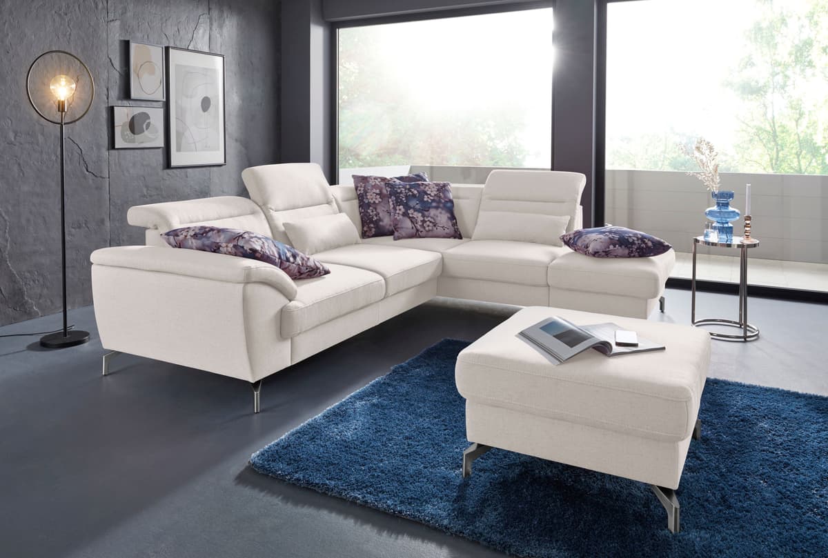 Ecksofa SIT & MORE "Percy L-Form", beige (linen), B:270cm T:235cm, Sofas, Ecksofa, 12 cm Fusshöhe, Sitztiefenverstellung, wahlweise in 2 Fussfarben linen B/H/T: 270cm x 235cm, Feinstruktur, Ottomane rechts,mit Kopfteilverstellung,mit satiniertem Nickelfus