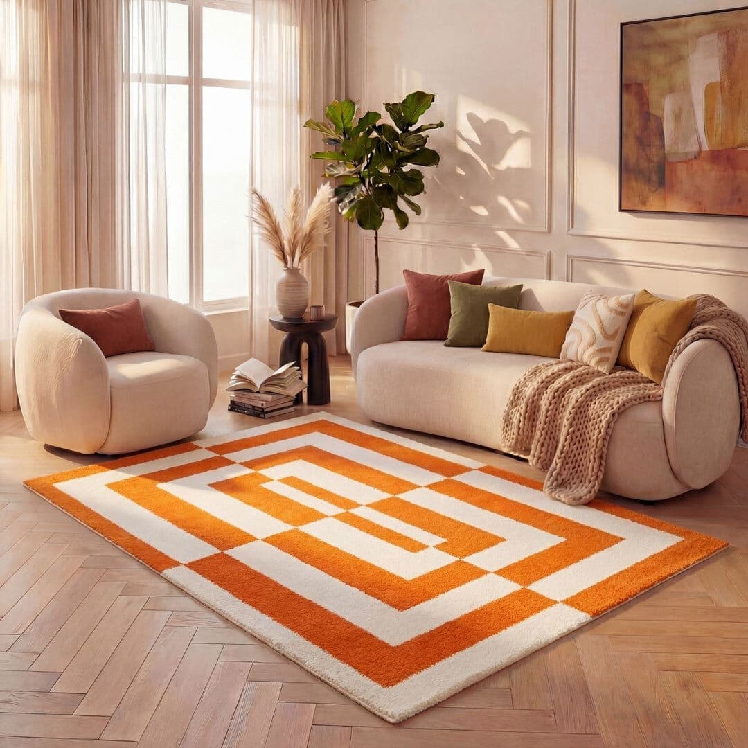 THE RUGS Joli Geometric Area Rug Soft Dense Pile for Living Rooms and Bedrooms Orange/White Rectangle 120 x 170 cm
