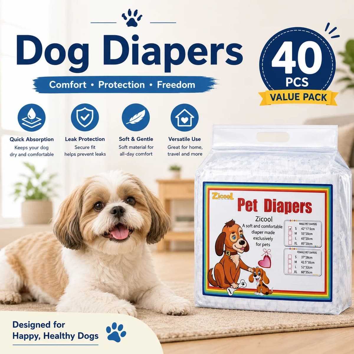 NONE 40-piece special offer pack of pet diapers, dry and breathable, comfortable and soft, physiological pants for female dogs, disposable diapers for male dogs