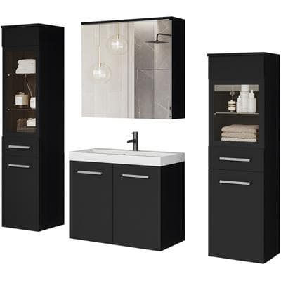 Badmöbel-Set WELLTIME "MADRIT II, Schrank mit Waschbecken, 2 Hänger, Spiegelschrank", schwarz (graphite schwarz matt), B:120,4cm H:131,5cm T:34,5cm, Holzwerkstoff, Kastenmöbel-Sets, Badmöbel-Set, Hängende Badmöbel mit Glaseinsätzen – in vielen...