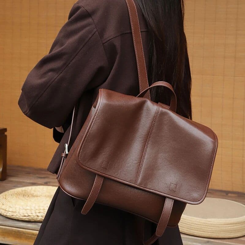 NONE Women Genuine Cow Leather Backpack Vintage Flap Top Handle Real Cowhide Rucksack Large Capacity Laptop Backpack For School Daily