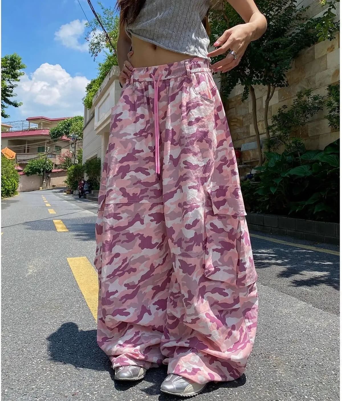 JBOLID American Unique Pink Camouflage Cargo Pants High Waisted Wide Leg Casual Streetwear Drawstring Waist Side Pockets Hip Hop Dance