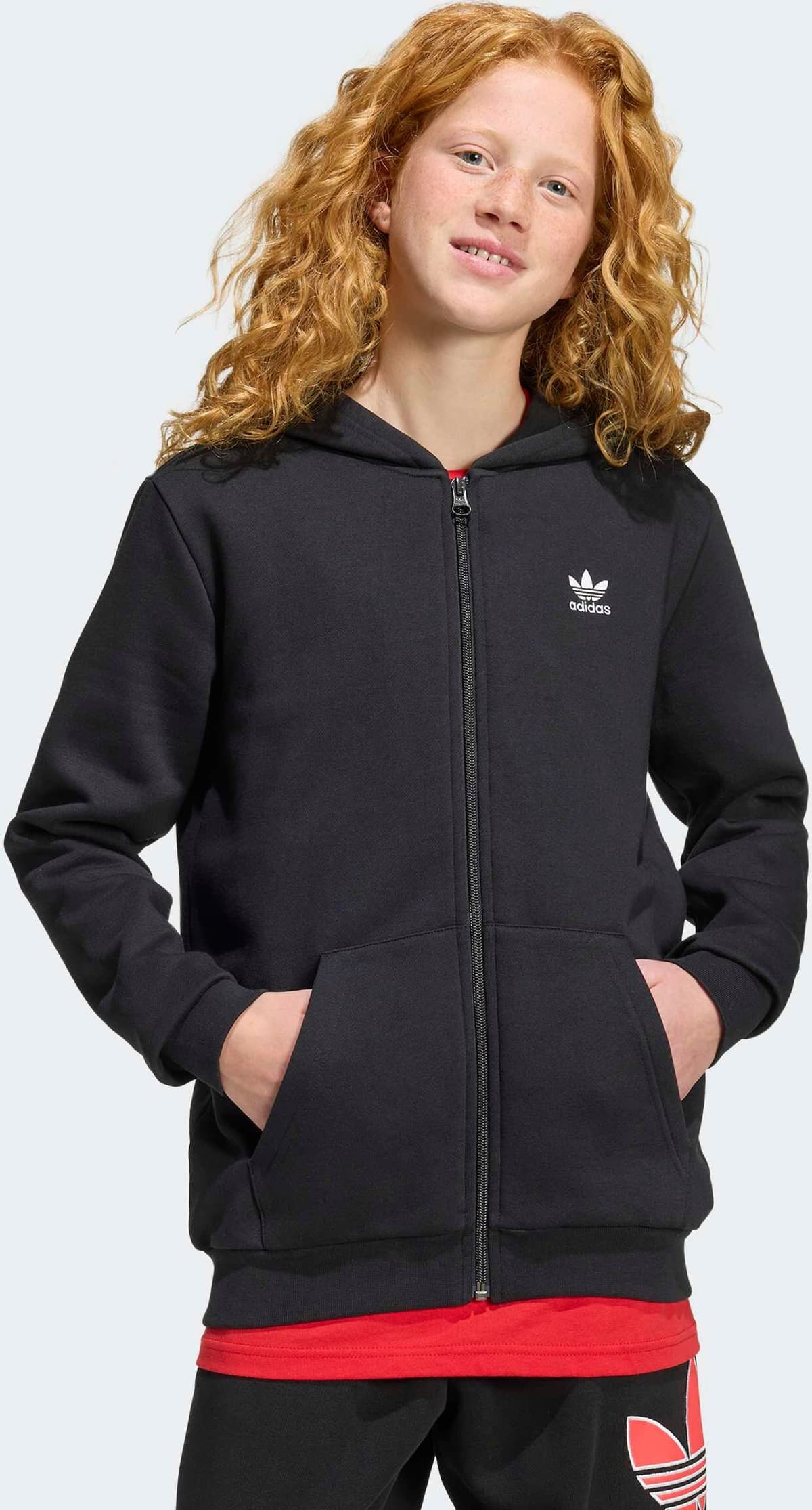 Kapuzensweatshirt ADIDAS ORIGINALS "LOOSE FULL ZIP AUS FLEECE", Jungen, Gr. 128, schwarz, Obermaterial: 70% Baumwolle, 30% Polyester, angesetztes Bündchen, Sweatshirts Kapuzensweatshirt schwarz 128