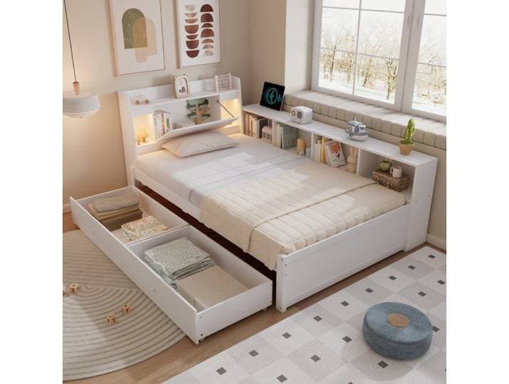 Lit une place 90x200 cm avec coffre rangements latéraux tiroirs et liseuses