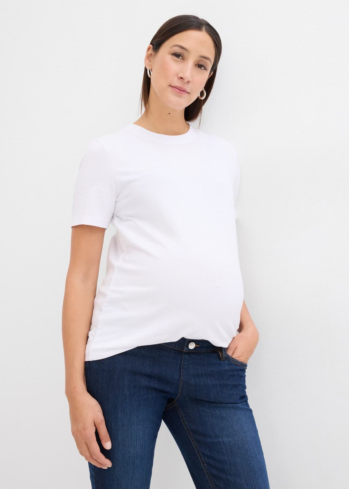 Umstandsshirt BONPRIX, Damen, Gr. 40/42 (M), schwarz, weiß, Jersey, Obermaterial: 95% Baumwolle, 5% Elasthan, unifarben, loose fit hüftbedeckend, Rundhals, Shirts Umstandsshirt, Loose Fit Passform - perfekt für die Schwangerschaft schwarz, weiß 40/42 (M)