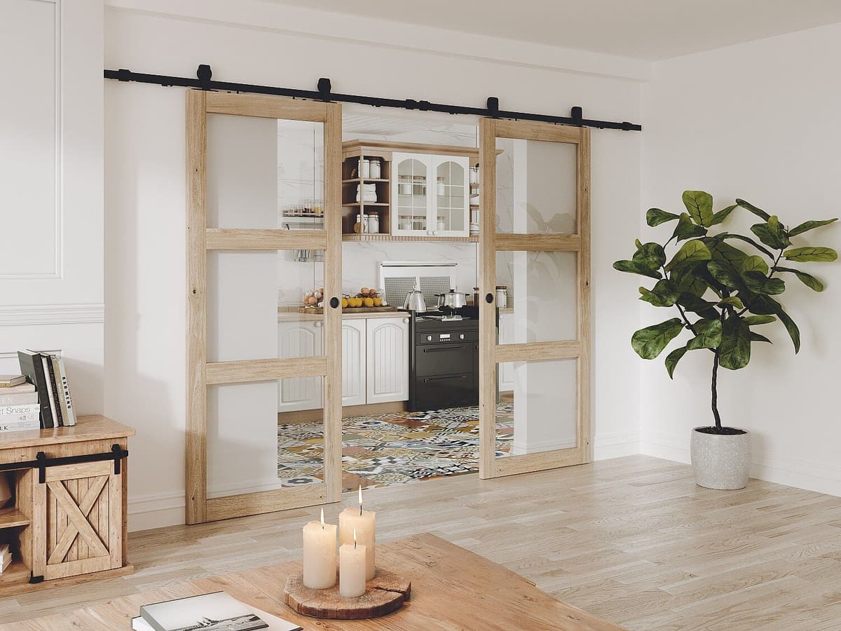 Unique Puerta corredera doble vista de madera y vidrio templado - 3 ventanas - 2 x Alt. 205 x L63 cm - ACOSTA II