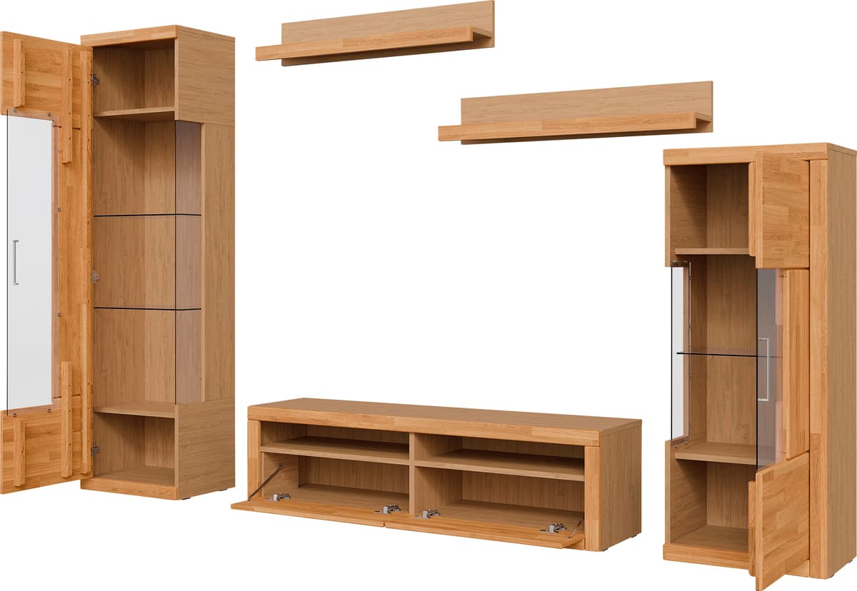 Wohnwand GOODPRODUCT "Ribe Set-5 St.", braun (eiche teilmassiv), B:240cm H:180cm T:35cm, Holz teilmassiv, Kastenmöbel-Sets, Wohnwand, B/T/H: 240/35/180cm, Böden teilweise versetzbar eiche teilmassiv B/H/T: 240cmcm x 180cmcm x 35cmcm, Surfacemélaminée comb