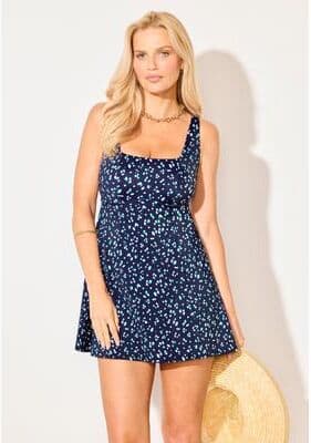 Plus Size Women's Squareneck Swimdress by Swimsuits For All in Oasis Dots (Size 24)