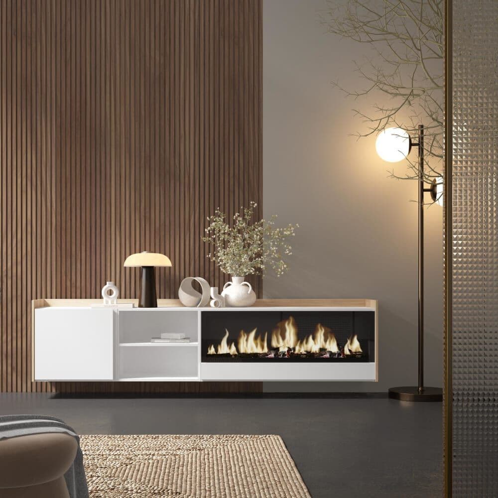 Skraut home Mueble tv efecto madera blanco roble 212x35x50cm chimenea efecto fuego
