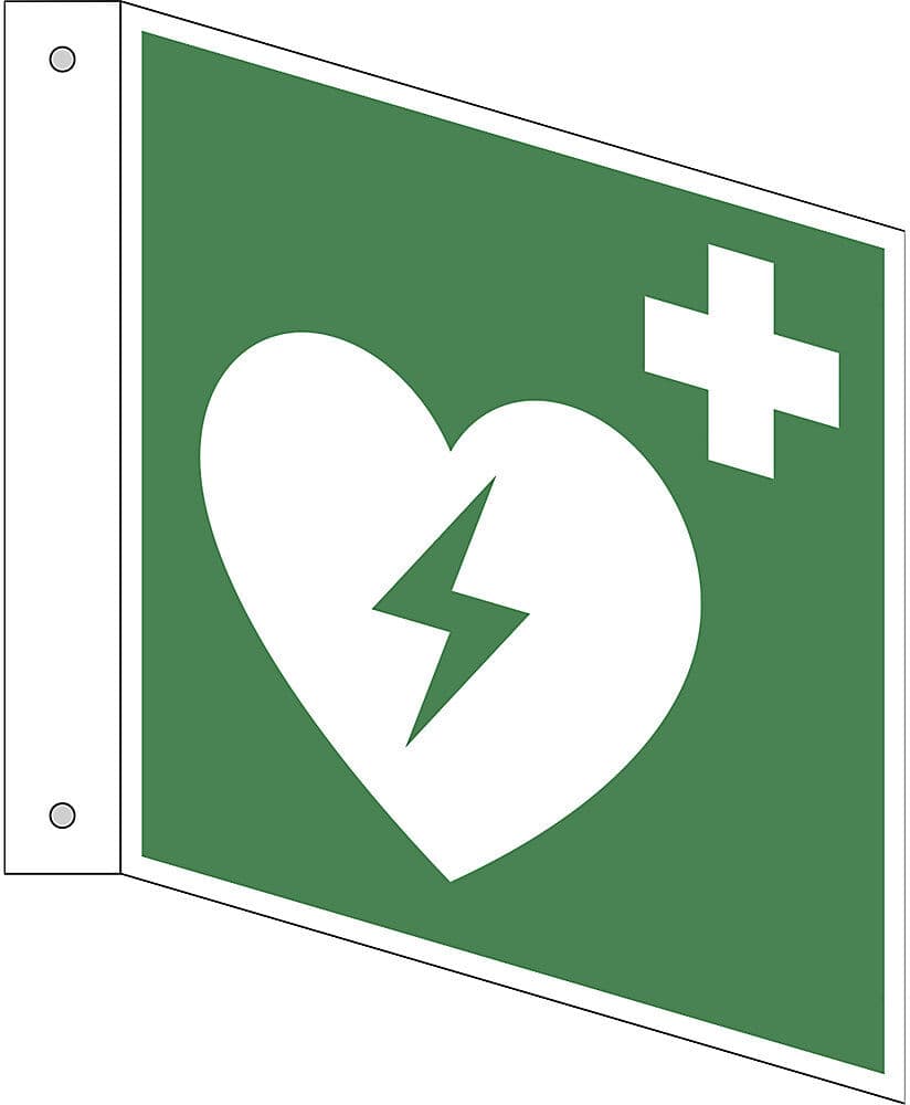 kaiserkraft Rettungszeichen, Automatisierter externer Defibrillator, VE 10 Stk, Aluminium, Fahnenschild, 150 x 150 mm