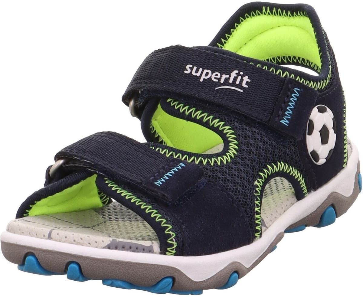 Sandale SUPERFIT "MIKE 3.0 WMS: mittel", Mädchen, Gr. 34, Nylon Textil, blau (dunkelblau fussball), Textil, Veloursleder, Schuhe Sandale, Trekkingschuh mit Klettverschluss, Grössenschablone zum Download dunkelblau fussball 34, Nylon Textil