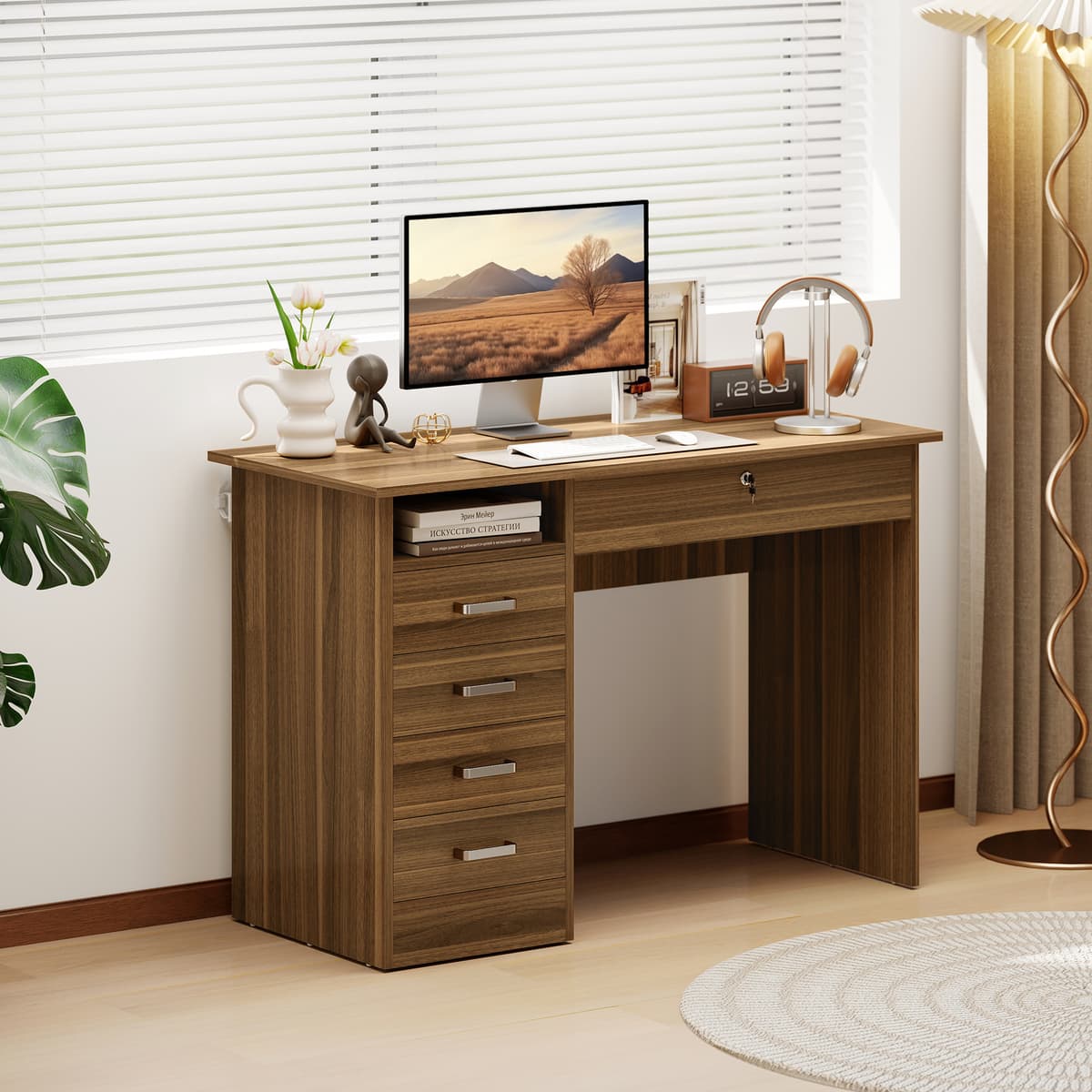 Homcom Scrivania PC con 5 cassetti, ripiano aperto e serratura, 110x50 cm, noce   Aosom Italy