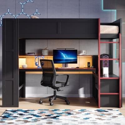 Wood Full Size Gaming Loft Bed With Desk, Multi-Storage Shelves