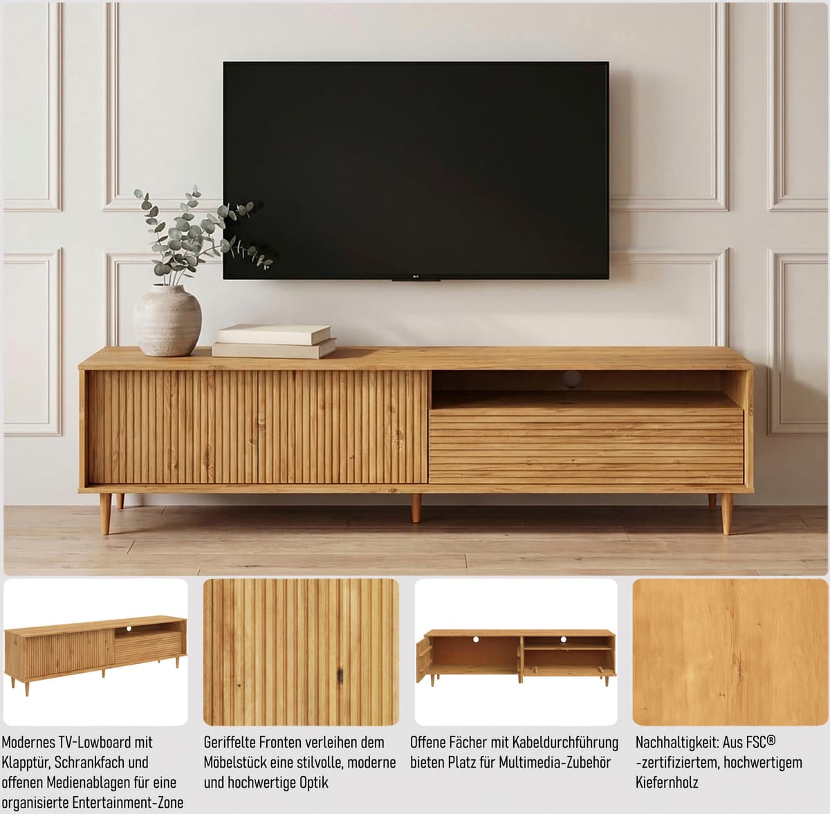 Lowboard GOODPRODUCT "Malmedy Front mit gefrästen Rillen", braun, B:180cm H:50cm T:38cm, FSC-zertifiziertes Massivholz, MDF, Sideboards, Lowboard, TV-Kommode aus massivem Kiefernholz, Push-to-open, Breite 180 cm braun B/H/T: 180cm x 50cm x 38cm, Kiefer, 2