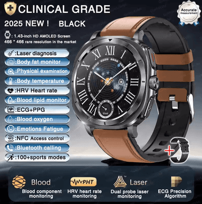 Inspire Curations VitalTrack Pro ECG Smartwatch With Blood Pressure & Body Health Monitoring brown Leather