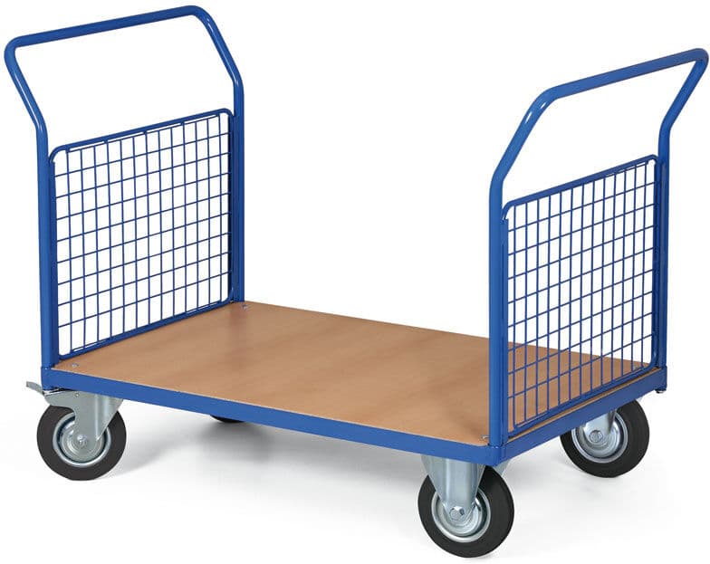 B2B Partner Wózek platformowy - 2 uchwyty z siatką, 1200 x 800 mm, nośność 300 kg, koła 160 mm z czarną gumą
