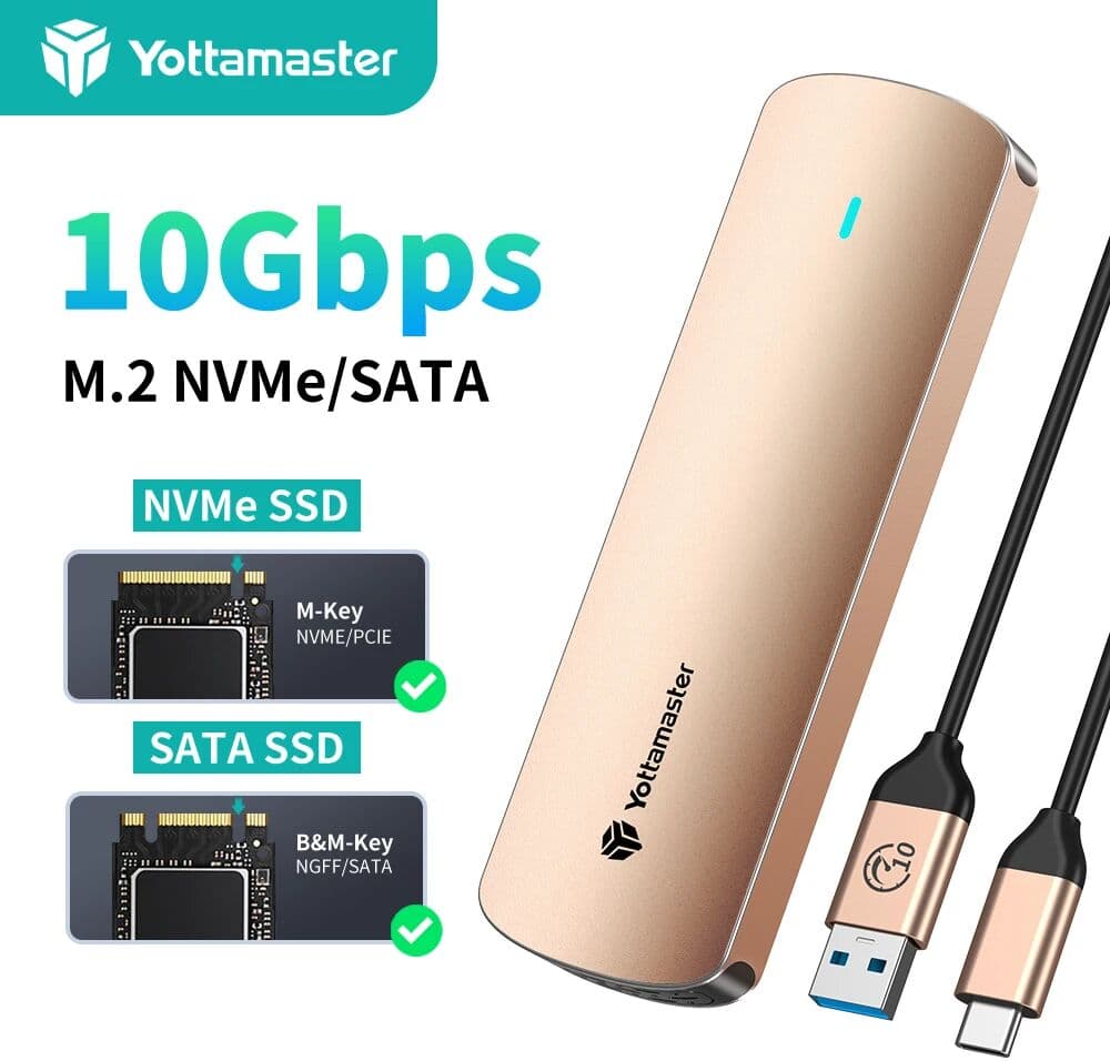 NONE Yottamaster M.2 NVMe SATA SSD Enclosure Dual Protocol 10Gbps NVMe,5Gbps SATA Hard Disk Case External Solid State Drive Adapter
