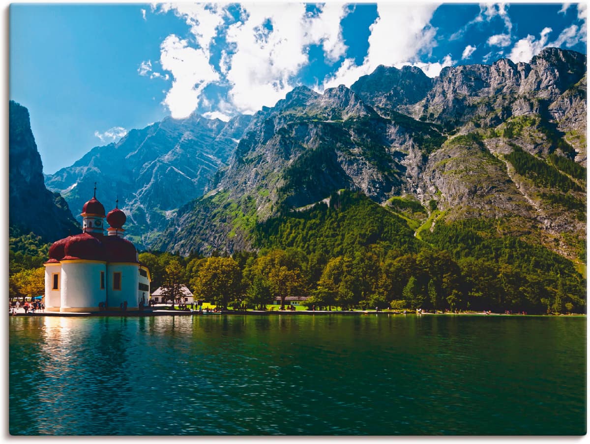 Leinwandbild ARTLAND "St. Bartholomä (Königssee) I", blau (farbe bild(er): blau), B:120cm H:90cm, Bilder, Leinwandbild, auf Holzrahmen gespannt farbe bild(er): blau B/H/T: 120cm x 90cm, Leinwandbild Berge, 1 Stk.