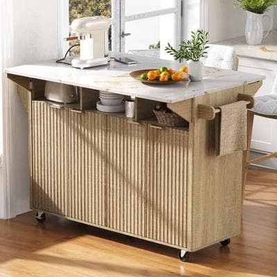 "55.5"" Fluted Kitchen Island with 2 Drop Leaf, Power Outlet, 4 Doors & Spice Rack"