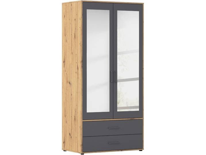 Drehtürenschrank RAUCH Kleiderschrank Schrank Garderobe Wäscheschrank VOYAGER , eiche artisan, graumetallic, B:93cm H:194cm T:53cm, Holzwerkstoff, Schränke, Drehtürenschrank, mit modernen Griffen in Graumetallic, inkl. Schubkästen und Spiegel